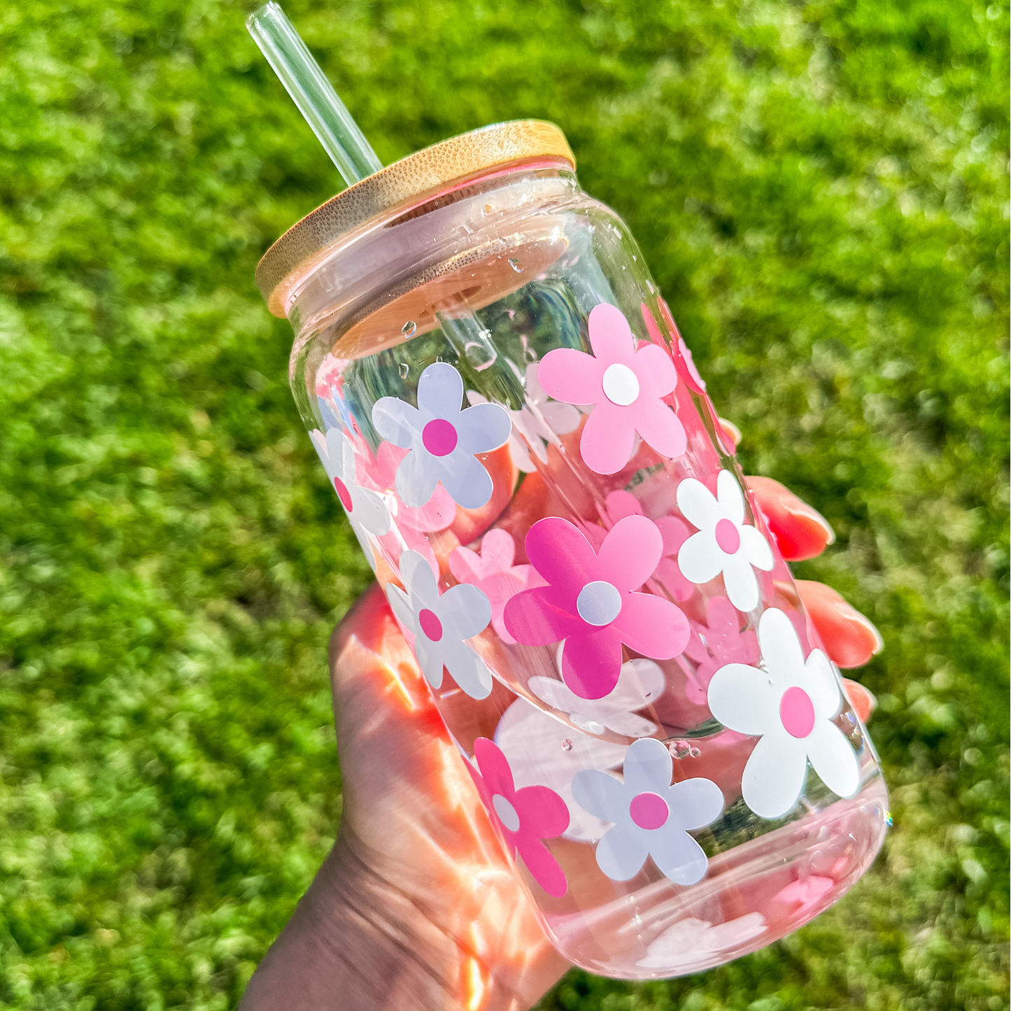 Pink&White Flowers Glass Cup
